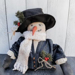 HANDMADE Primitive Country Snowman Wool Coat Stuffed Doll Christmas Decor